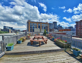 Roof terrace views at the LO Grothe building Lofts for sale